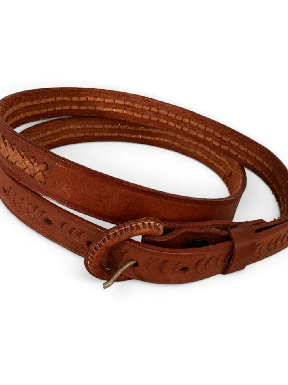 Vintage Genuine Leather Brown Belt - Embossed, Woven with Leather Cord- Size M - Picture 2 of 5